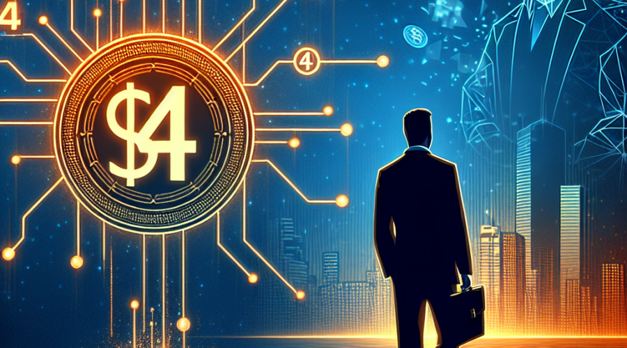 "Vector Smart Chain logo in orange and dark blue colors against a midnight blue background, representing blockchain technology and financial strategies, featuring a $4 fixed gas fee model symbol and a disappearing chain for deflationary aspect. Includes silhouette of Peter Ritchie, Strategic Finance Executive Consultant from CitiGroup, Signifying new leadership. Dimensions: 1200 x 628 pixels."