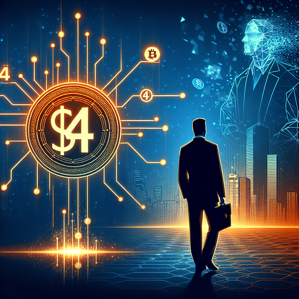 "Vector Smart Chain logo in orange and dark blue colors against a midnight blue background, representing blockchain technology and financial strategies, featuring a  fixed gas fee model symbol and a disappearing chain for deflationary aspect. Includes silhouette of Peter Ritchie, Strategic Finance Executive Consultant from CitiGroup, Signifying new leadership. Dimensions: 1200 x 628 pixels."