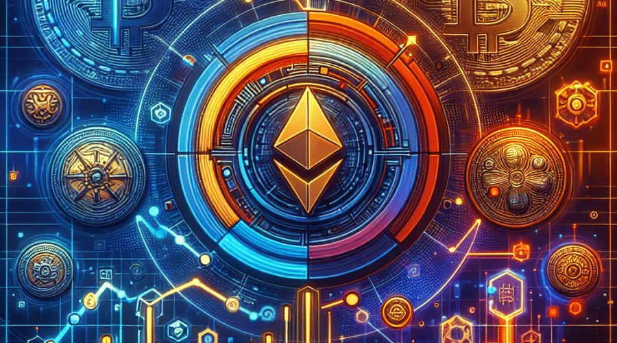 Alt-text: Imagen ilustrativa que representa la dinámica del mercado NFT, con un token gráfico NFT simbólico y una línea de tendencia ascendente que demuestra un crecimiento significativo en las ventas en primer plano. En el fondo, se incorporan de manera sutil criptomonedas como Bitcoin (BTC) y Ethereum (ETH). El diseño transmite una estética temática de blockchain, utilizando principalmente los colores de la marca, Azul Oscuro (#000D43) y Naranja (#FF9811) para realzar, y Azul Medianoche (#021B88) para detalles adicionales. Incluye subtítulos relevantes sobre el crecimiento de las ventas de NFT y entidades destacadas como Ethereum, Bitcoin, Polygon etc.