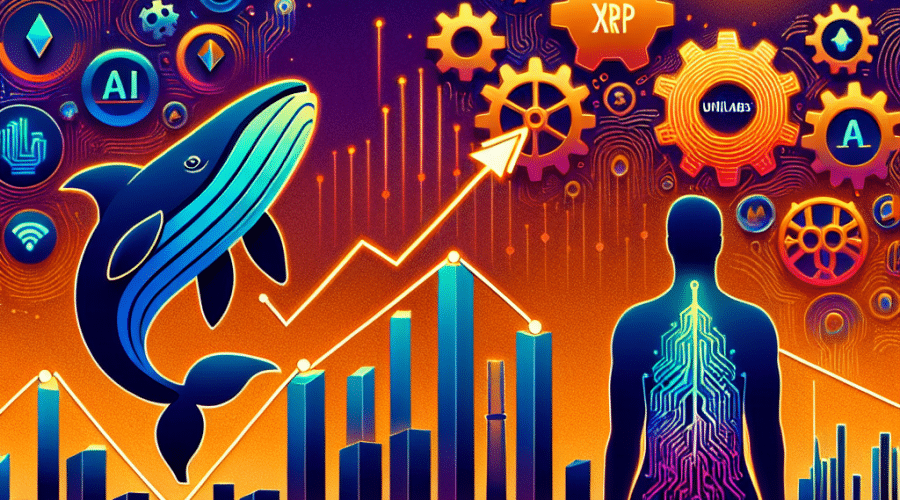 "Un fondo degradado en naranja y azul oscuro que presenta los símbolos de XRP, Unilabs y un gráfico de crecimiento ascendente. A la derecha, se incluye una ilustración dinámica de una ballena que representa a los grandes inversores y engranajes infundidos con IA para simbolizar la tecnología alimentada por IA de Unilabs. Coloque el texto 'XRP Whales & Unilabs Presale: AI Powering Crypto Growth' en letras audaces y en color azul medianoche en el centro."