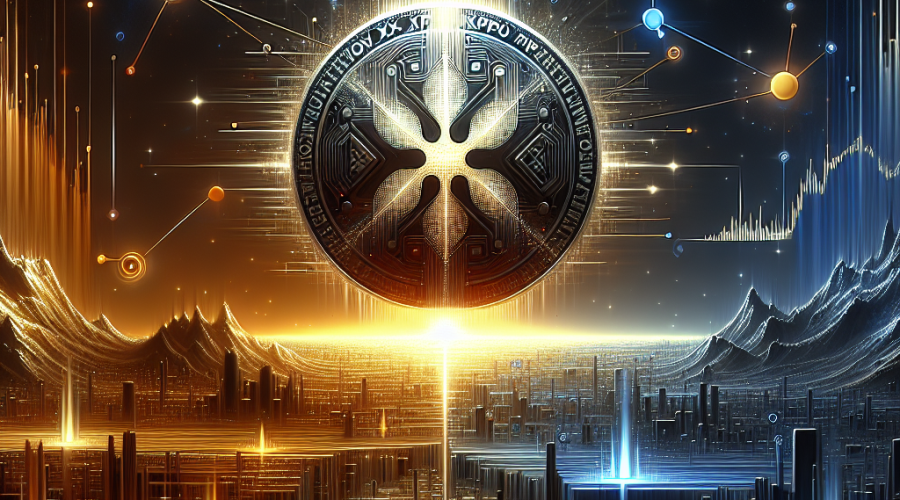 "XRP token and Unilabs emblem art representation symbolizing artificial intelligence amidst a predicted price rally, highlighted with the tones of Orange, Dark Blue, and Midnight Blue, emphasizing Ripple whale accumulation and Unilabs presale, digitally designed on a 1200x628 pixel canvas."