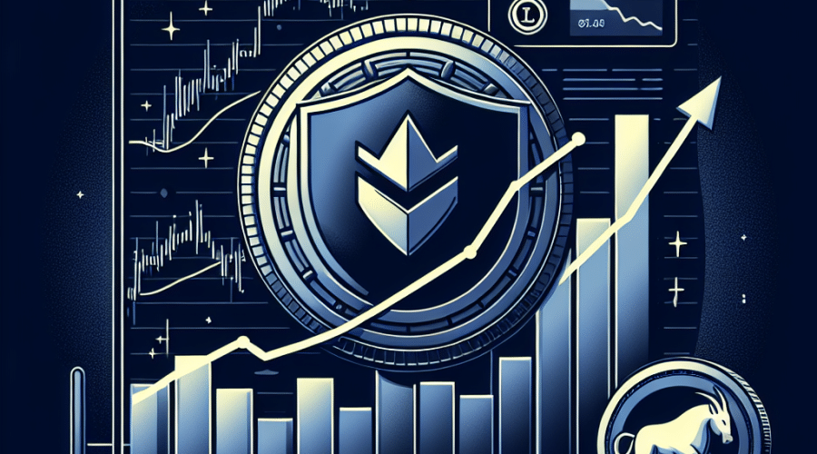 "Zcash coin, colored in brand orange (#FF9811), triumphantly designed with a protective shield, denoting its shielded value increase. A graph, in dark blue (#000D43), rises rapidly in the background, illustrating the sharp spike in the coin's value. A bullish market condition is symbolized by a silhouette of a bull in the foreground, matching the coin's color. 'Zcash Price Rally' - a bold, capitalized title sits neatly at the center-top against a midnight blue (#021B88) background."