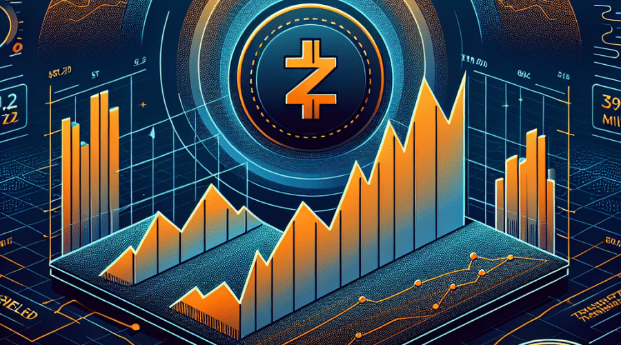 "Ilustración digital para artículo de blog sobre el reciente aumento en el precio de Zcash, mostrando una gráfica con una tendencia al alza simbolizando su creciente valor. Incorpora una representación visual de piscinas protegidas y transparentes, simbolizando las atributos de privacidad de Zcash. Colores utilizados: Naranja para la subida, líneas de tendencia o señales, Azul Oscuro para el fondo general, Azul Medianoche para detalles de gráficos o texto. Se resaltan los números '.75' (indicando el máximo), '3,062,081 ZEC' (valor protegido total) y '0 millones' (capitalización de mercado). Asegúrese de que el símbolo de Zcash (ZEC) sea destacado. Diseño en formato paisaje con dimensiones de 1200 x 628 pixeles."