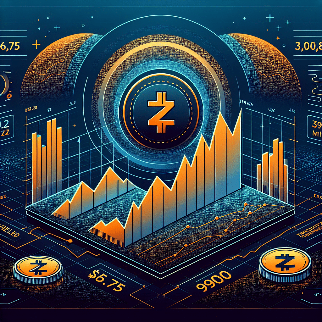 "Ilustración digital para artículo de blog sobre el reciente aumento en el precio de Zcash, mostrando una gráfica con una tendencia al alza simbolizando su creciente valor. Incorpora una representación visual de piscinas protegidas y transparentes, simbolizando las atributos de privacidad de Zcash. Colores utilizados: Naranja para la subida, líneas de tendencia o señales, Azul Oscuro para el fondo general, Azul Medianoche para detalles de gráficos o texto. Se resaltan los números '.75' (indicando el máximo), '3,062,081 ZEC' (valor protegido total) y '0 millones' (capitalización de mercado). Asegúrese de que el símbolo de Zcash (ZEC) sea destacado. Diseño en formato paisaje con dimensiones de 1200 x 628 pixeles."
