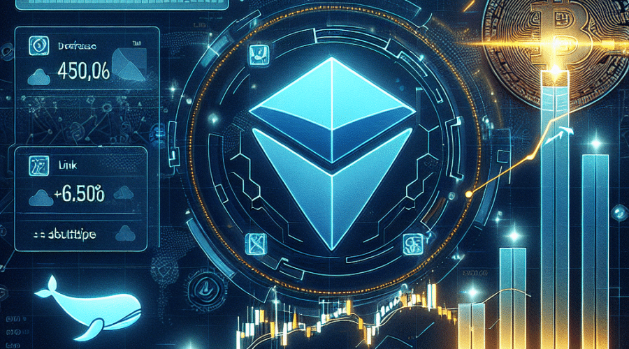 "Comprehensive chart depicting the decrease of LINK tokens on centralized exchanges versus the increase of whale-held Chainlink supply on a dark blue background, highlighted by an orange boost symbol, Chainlink logo in the center, and two sections outlining Chainlink partnerships and potential price breakout with upward pointing midnight blue arrows; a significant indication of Chainlink's bullish outlook."