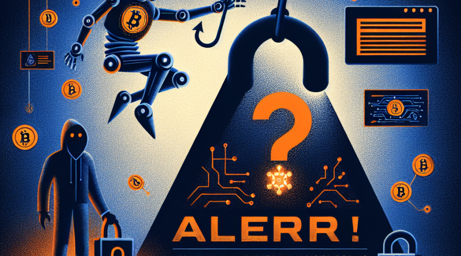 "ALERT! Increase in AI-Powered Crypto Scams message in bold orange font set against a menacing midnight blue background. This artwork features a technologically-advanced orange AI robot morphing into a phishing hook, encapsulating an unsuspecting crypto symbol; highlighting the gravity of online scams. The scene is swathed in subtle digital blockchain links while a snapshot of a hacker breaking into a digital lock highlights potential cyber threats. The image emphasizes the pervasive rise of AI-enabled cybercrime in the cryptocurrency sphere."