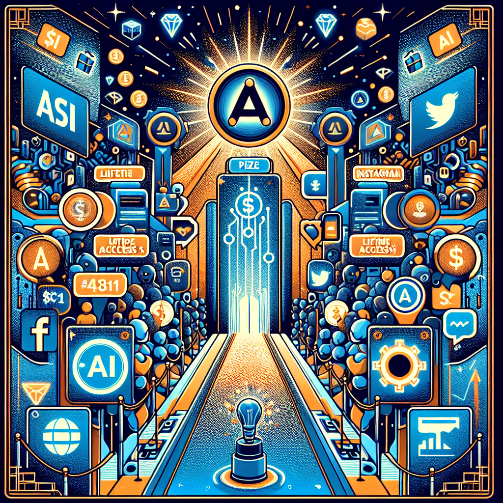 "Triumphant celebration image with digital elements featuring AI trading bots and $ASI token reward giveaway by AltSignals. Spotlight on the main prize of 'lifetime access to ActualizeAI' at the Dex-Trade platform's first listing. AltSignals logo subtly placed on top, with Twitter, Instagram and Telegram symbols at the bottom right corner. Theme colors are Orange:#FF9811, Dark Blue: #000D43, Midnight blue: #021B88. Image size is 1200 x 628 pixels."