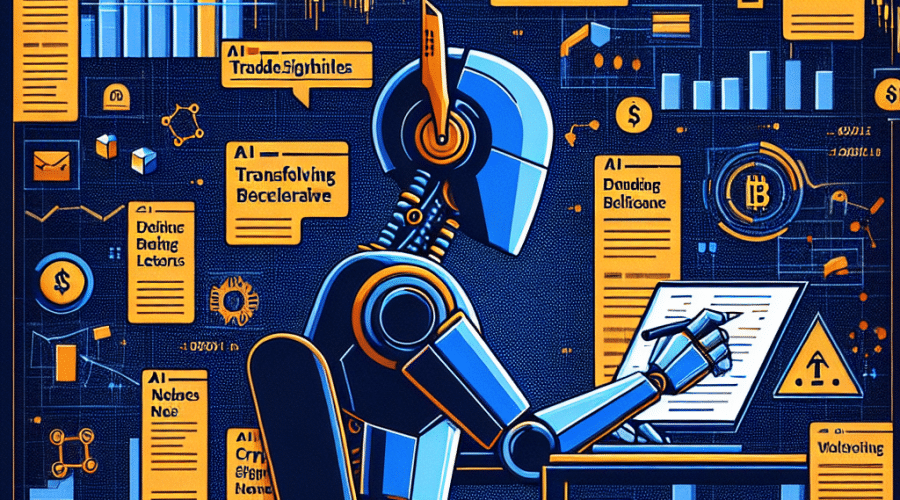 "ChatGPT AI robot in brand colors Orange and Dark Blue, intelligently scanning crypto news headlines on a digital matrix background symbolizing high-speed data processing. The robot, reflecting reliability, converts the headlines into orange highlighted trade signals amidst a backdrop of crypto market trends resembling a stock graph. The image, sized 1200 x 628 pixels, is suitable for a Wordpress blog post, subtly incorporates the words 'Crypto News', 'Trade Signals', and 'ChatGPT', and is balanced out with elements in Midnight Blue."