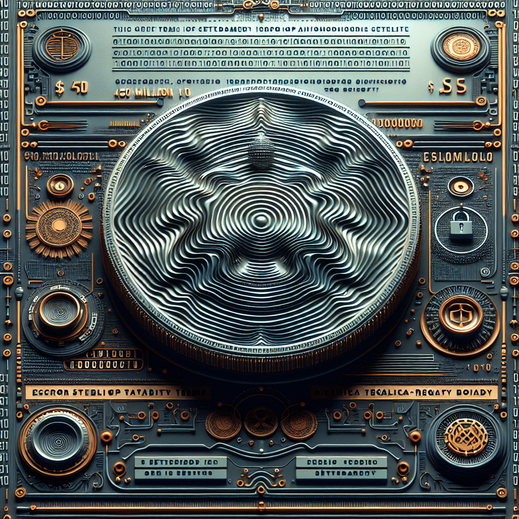 "Emblema de Ripple grabado con los términos de acuerdo de la SEC en un fondo de código binario, con las cifras destacadas ' millones' y la frase 'Estabilidad de depósito en garantía de XRP'. Diseño infusionado con tonos de naranja y azul oscuro, y acentuado con elementos de plata que simbolizan la resolución de disputas legales."