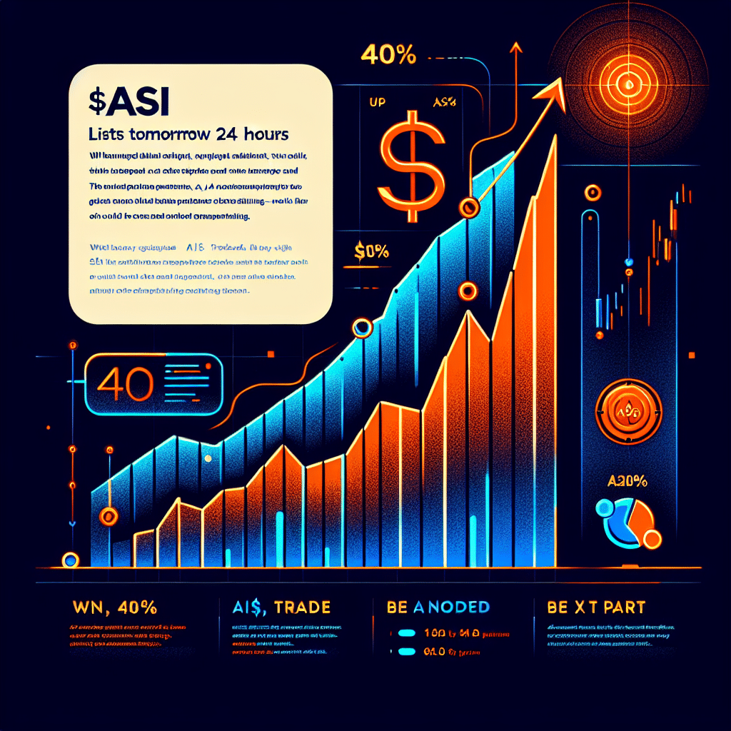 "SEO alt text: An illustrative line graph showing significant growth, represented by a rising line in bright orange, dark blue, and midnight blue, signifying a 40% increase in the value of the $ASI token. The compelling chart features text saying '$ASI Lists Tomorrow on Dex-Trade - Don't Miss Out', 'Up 40% in last 24 hours', and 'Win, Trade, Be Part of AI-Powered Movement'. Ideal size for a WordPress blog post at 1200 x 628 pixels."