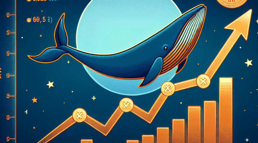 Imagen que ilustra un gráfico de línea de tendencia mostrando el aumento masivo del token Useless Coin en una dirección ascendente y dinámica, alcanzando su máximo histórico. Se utiliza el color naranja para la línea de tendencia y un fondo azul medianoche. La gráfica está superpuesta con la imagen de una ballena, simbolizando los grandes inversores que acumulan el token. En la esquina inferior derecha se sitúan los logos de Useless Coin, BTC y SOL, con las etiquetas de los cambios de precio respectivos en color naranja. Incluye 'Useless Coin' y el precio máximo de $0.1462 en negritas en la esquina superior derecha en color azul oscuro.