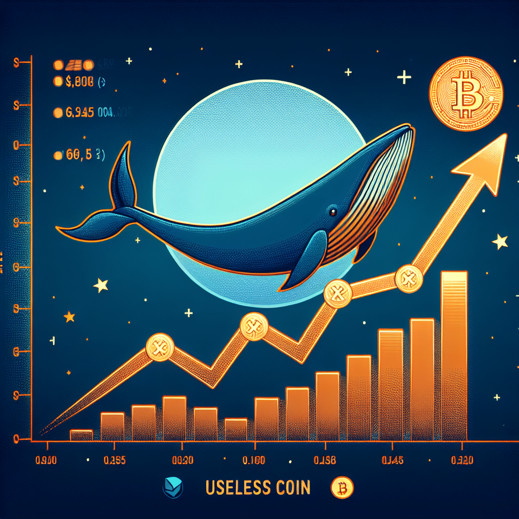 Imagen que ilustra un gráfico de línea de tendencia mostrando el aumento masivo del token Useless Coin en una dirección ascendente y dinámica, alcanzando su máximo histórico. Se utiliza el color naranja para la línea de tendencia y un fondo azul medianoche. La gráfica está superpuesta con la imagen de una ballena, simbolizando los grandes inversores que acumulan el token. En la esquina inferior derecha se sitúan los logos de Useless Coin, BTC y SOL, con las etiquetas de los cambios de precio respectivos en color naranja. Incluye 'Useless Coin' y el precio máximo de $0.1462 en negritas en la esquina superior derecha en color azul oscuro.