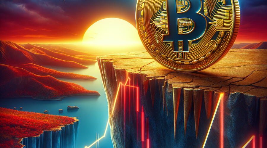 "Bitcoin coin balanced on cliff's edge against red and orange sunset backdrop, reflecting brand colours in coin edge details and midnight blue sky. Notable are faint upward and sharply decreasing trend lines indicating market volatility. The bold Bitcoin logo is centrally placed and complements the gripping image title 'Beware the Bearish Bitcoin: Will it Survive?' displayed in bold, modern, dark-blue text, evoking a sense of caution and drama about potential Bitcoin value plunge."