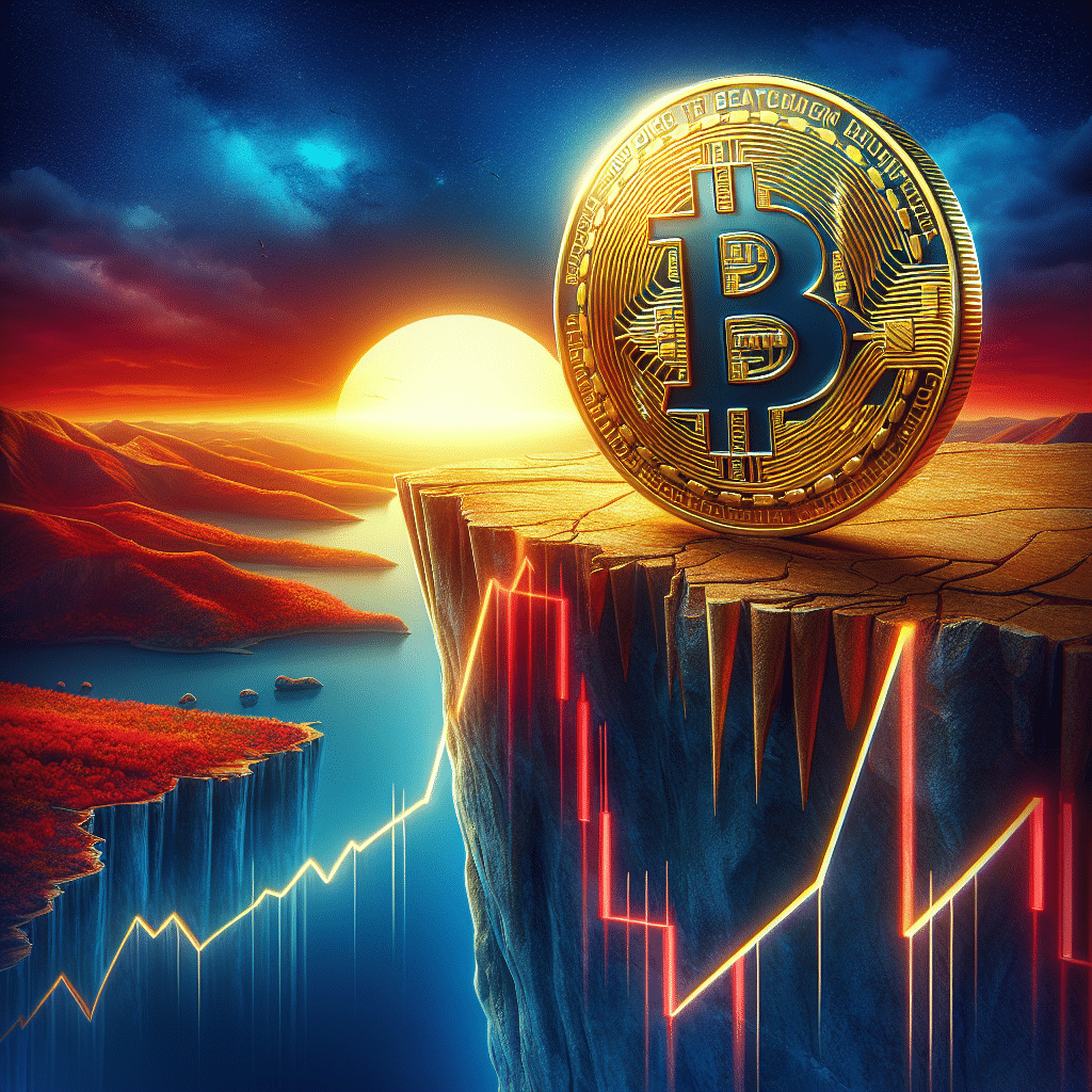 "Bitcoin coin balanced on cliff's edge against red and orange sunset backdrop, reflecting brand colours in coin edge details and midnight blue sky. Notable are faint upward and sharply decreasing trend lines indicating market volatility. The bold Bitcoin logo is centrally placed and complements the gripping image title 'Beware the Bearish Bitcoin: Will it Survive?' displayed in bold, modern, dark-blue text, evoking a sense of caution and drama about potential Bitcoin value plunge."