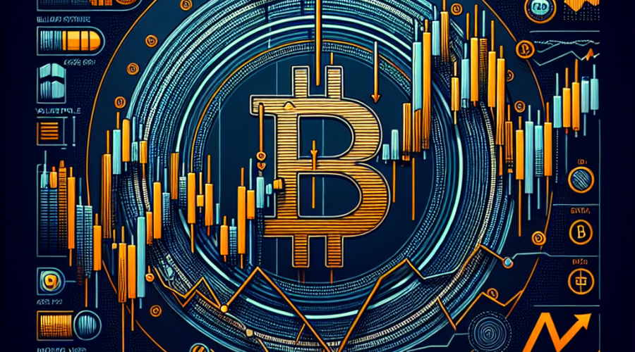 "Bitcoin candlestick charts with bullish and bearish patterns highlighted in vibrant orange, technical analysis tools including Fibonacci retracement, volume profile, Elliott Wave theory, relative strength index and moving averages are visually represented on a dark blue background, featuring the Bitcoin symbol and secondary elements in midnight blue according to the specific design standard of size 1200 x 628 pixels."