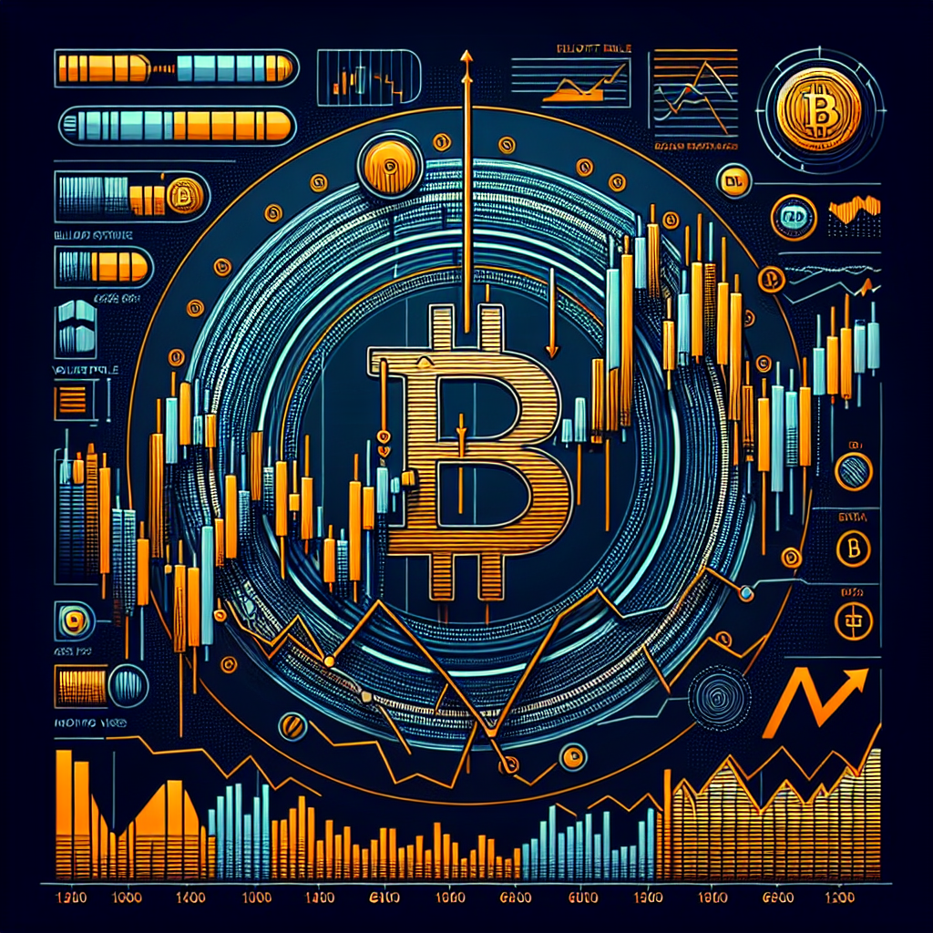 "Bitcoin candlestick charts with bullish and bearish patterns highlighted in vibrant orange, technical analysis tools including Fibonacci retracement, volume profile, Elliott Wave theory, relative strength index and moving averages are visually represented on a dark blue background, featuring the Bitcoin symbol and secondary elements in midnight blue according to the specific design standard of size 1200 x 628 pixels."