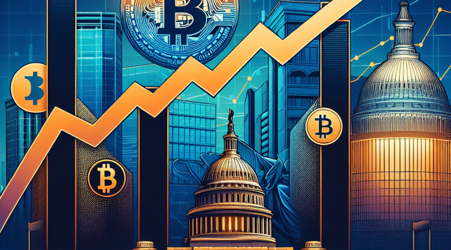 "An upward trending line graph illustrating soaring Bitcoin prices overlaid with a Bitcoin symbol against a collage of USA Capitol Hill and JPMorgan Chase building. Graph indicating growing acceptance of cryptocurrencies by financial institutions. Lower third dark blue banner 'Bitcoin Hits Record High' in midnight blue text, with dominant brand orange design elements. Size: 1200px by 628px."