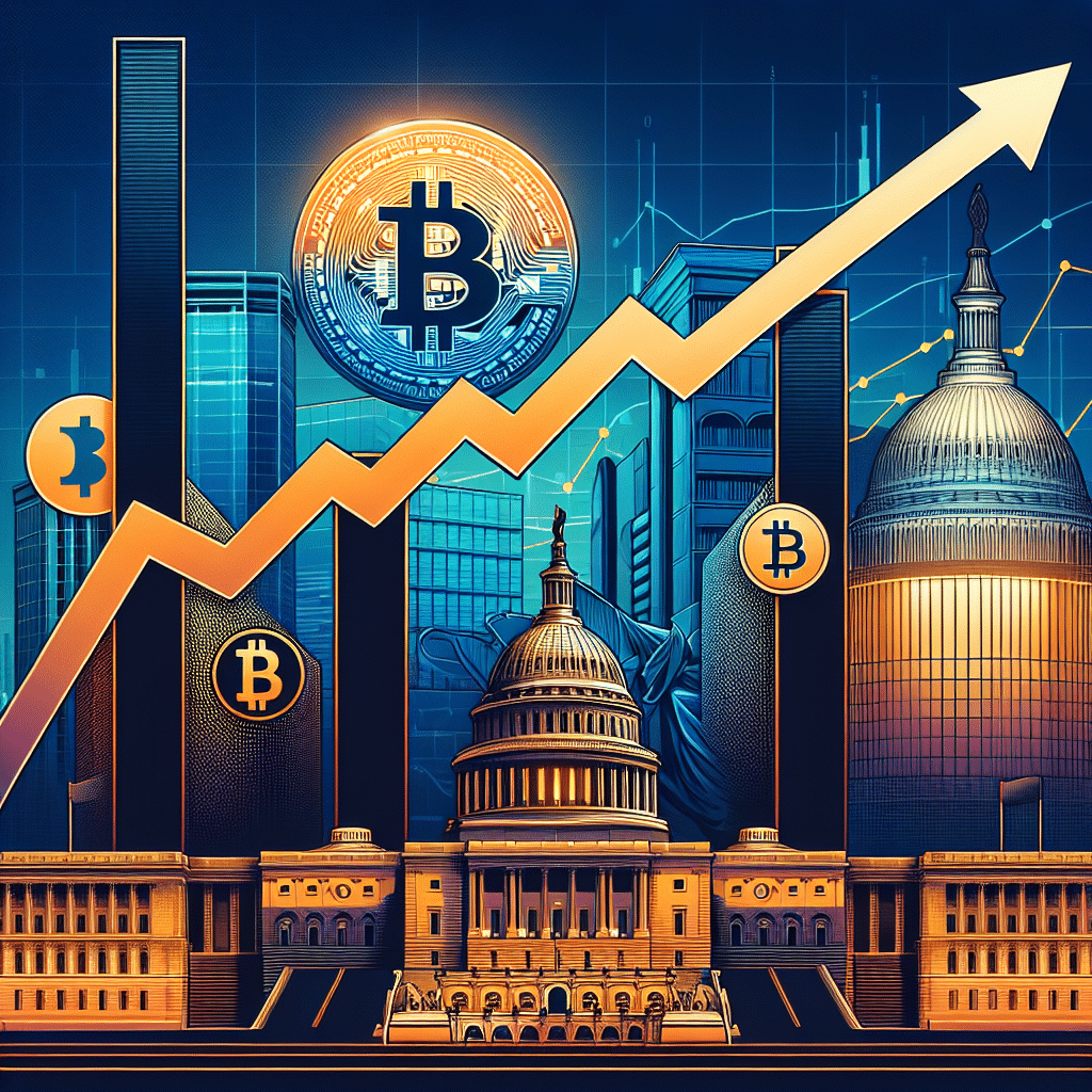 "An upward trending line graph illustrating soaring Bitcoin prices overlaid with a Bitcoin symbol against a collage of USA Capitol Hill and JPMorgan Chase building. Graph indicating growing acceptance of cryptocurrencies by financial institutions. Lower third dark blue banner 'Bitcoin Hits Record High' in midnight blue text, with dominant brand orange design elements. Size: 1200px by 628px."