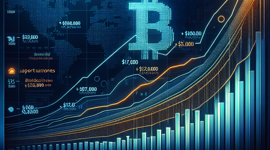 "Graphical illustration of Bitcoin's escalating value, highlighting crucial resistance and support levels at $100,000, $107,000, $112,000, and $137,000, set against a mesmerizing dark blue backdrop with orange and midnight blue hues. The image encapsulates the financial upsurge and the vibrancy of the Bitcoin market, underlining 'Bitcoin's March Towards Record High: Key Levels to Watch'."