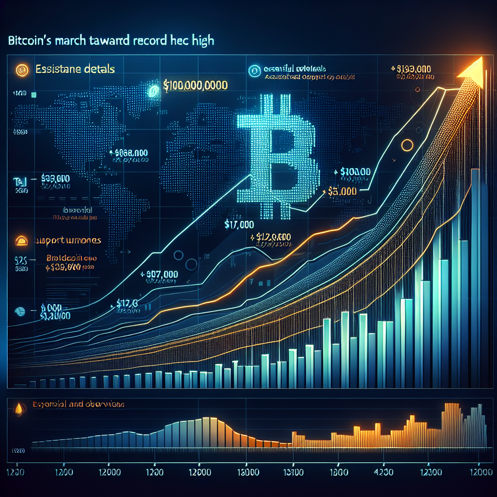 "Graphical illustration of Bitcoin's escalating value, highlighting crucial resistance and support levels at 0,000, 7,000, 2,000, and 7,000, set against a mesmerizing dark blue backdrop with orange and midnight blue hues. The image encapsulates the financial upsurge and the vibrancy of the Bitcoin market, underlining 'Bitcoin's March Towards Record High: Key Levels to Watch'."