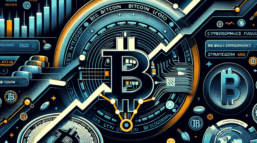 "Cryptic-themed Bitcoin financial chart reflecting recent price surge over $100,000, with Bitcoin logo and orange bullish upswing arrow against a dark blue backdrop, President Donald Trump in context of US-UK trade agreement, stocks of Coinbase and Strategy slightly visible, in brand consistency with dark blue and midnight blue tones in a 1200 x 628 pixels artwork, perfect for our WordPress blog post."
