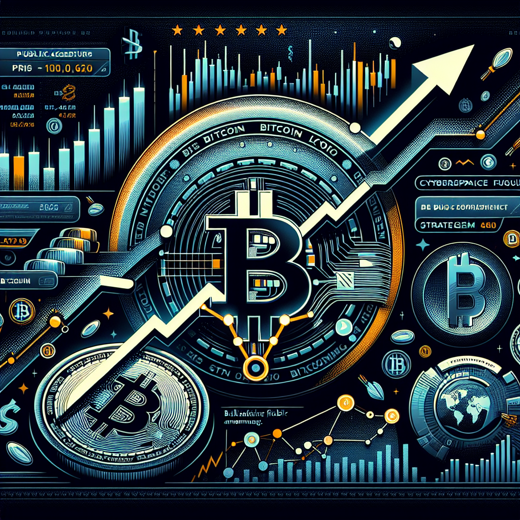 "Cryptic-themed Bitcoin financial chart reflecting recent price surge over $100,000, with Bitcoin logo and orange bullish upswing arrow against a dark blue backdrop, President Donald Trump in context of US-UK trade agreement, stocks of Coinbase and Strategy slightly visible, in brand consistency with dark blue and midnight blue tones in a 1200 x 628 pixels artwork, perfect for our WordPress blog post."
