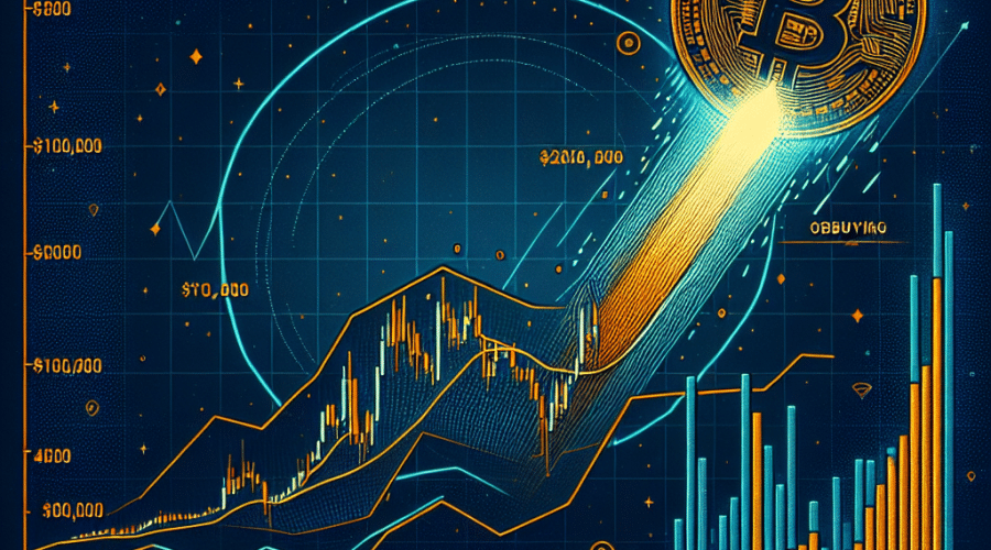 "Bitcoin coin soaring high in the midnight blue sky depicting the sharp surge in its price, overlaid with a dark blue line graph and orange spikes indicating overbought conditions. Key support levels marked at $100,000 and $92,000 on the graph. Prominent orange text highlights 'Bitcoin Price Soars Above $100,000'."
