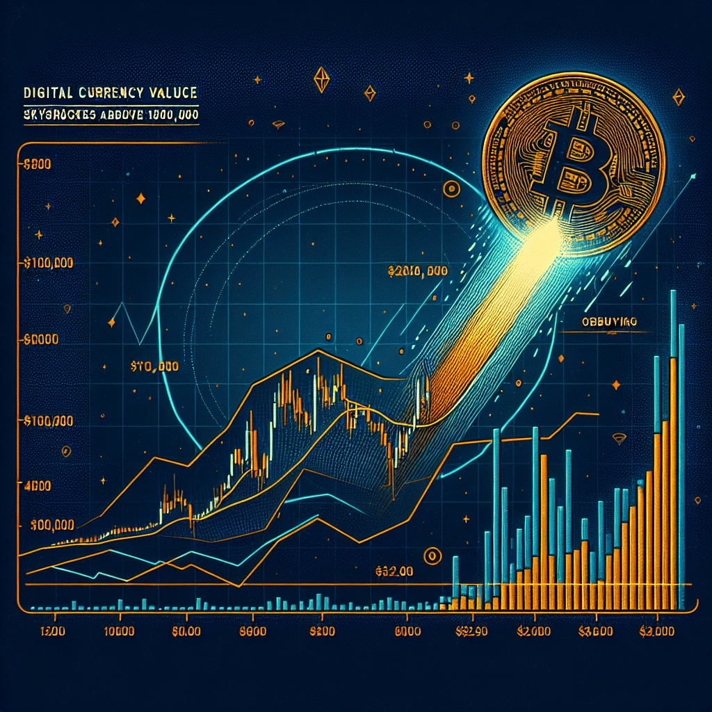 "Bitcoin coin soaring high in the midnight blue sky depicting the sharp surge in its price, overlaid with a dark blue line graph and orange spikes indicating overbought conditions. Key support levels marked at $100,000 and $92,000 on the graph. Prominent orange text highlights 'Bitcoin Price Soars Above $100,000'."