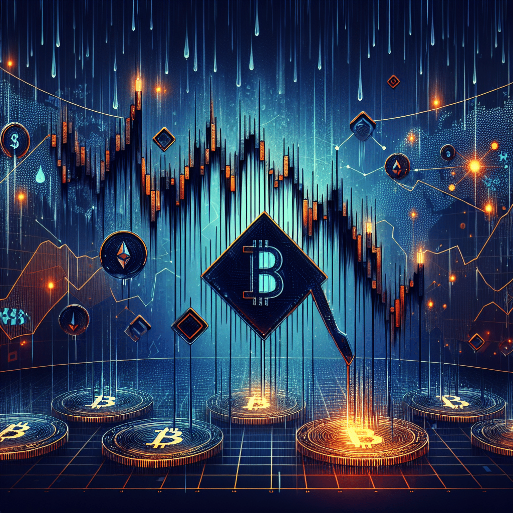 "Gráfico de acciones en caída de Trident Digital Tech Holdings, con una disminución masiva del 40% en el precio de las acciones, representando su crisis financiera. Lluvia pesada realzando la lucha financiera de la empresa. Interfaz digital en colores oscuros y azul medianoche en el fondo exhibiendo tokens XRP, indicando el plan financiero de 0 millones para la creación de un Tesoro Corporativo XRP. Toques de color naranja resaltan los elementos gráficos cruciales."