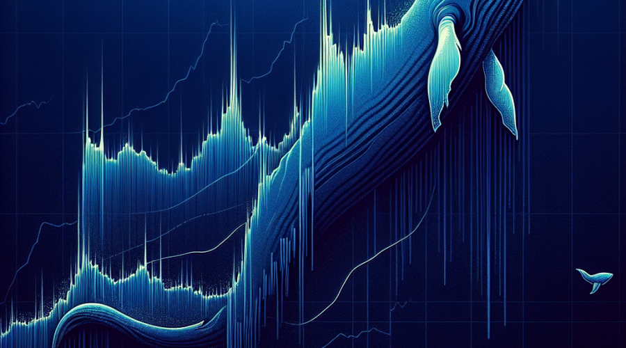 "Un fondo azul profundo con líneas fluctuantes que representan el precio fluctuante de la moneda Shiba Inu a lo largo del tiempo. En la parte superior de la imagen en texto naranja en negrita: 'Caída del precio de Shiba Inu: Capitulación de las ballenas', y cerca del fondo, en texto más claro, indica la tendencia bajista con 'Riesgo de una caída más profunda por delante' en azul oscuro. A lo largo del lateral, se muestra gráficamente una silueta de ballena estilizada buceando hacia abajo para representar la actividad de las ballenas, coloreada en un degradado de azul oscuro a azul medianoche. La imagen en general debe englobar una sensación de movimiento hacia abajo e incertidumbre."