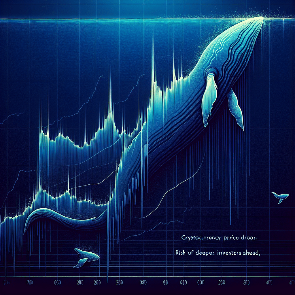 "Un fondo azul profundo con líneas fluctuantes que representan el precio fluctuante de la moneda Shiba Inu a lo largo del tiempo. En la parte superior de la imagen en texto naranja en negrita: 'Caída del precio de Shiba Inu: Capitulación de las ballenas', y cerca del fondo, en texto más claro, indica la tendencia bajista con 'Riesgo de una caída más profunda por delante' en azul oscuro. A lo largo del lateral, se muestra gráficamente una silueta de ballena estilizada buceando hacia abajo para representar la actividad de las ballenas, coloreada en un degradado de azul oscuro a azul medianoche. La imagen en general debe englobar una sensación de movimiento hacia abajo e incertidumbre."