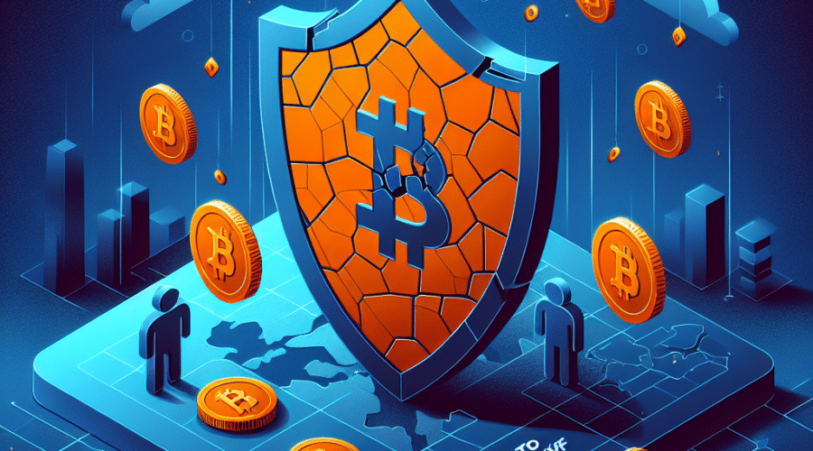 "Broken orange shield symbolizing the CFPB behind dark blue crypto coins and white text reading 'Crypto Users Left to Fend for Themselves', on a midnight blue background depicting the vulnerability of crypto users, with a light transparent map of Washington DC at the bottom hinting at political meddling in consumer protection."