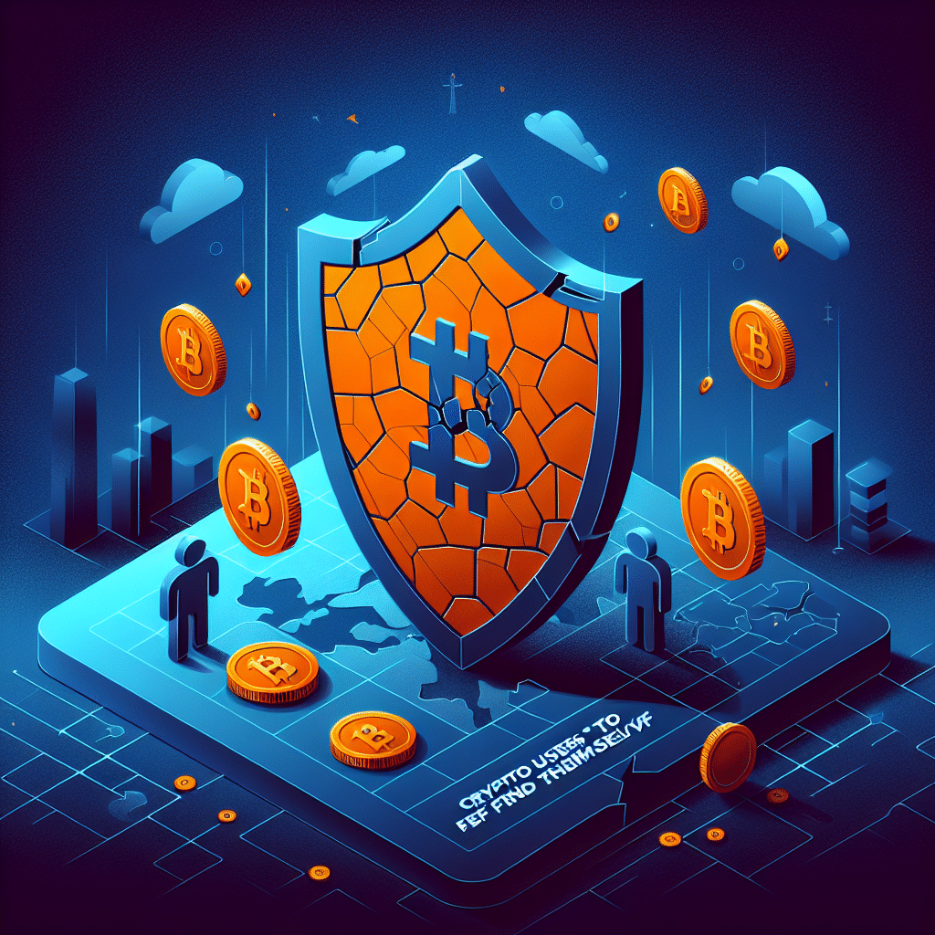 "Broken orange shield symbolizing the CFPB behind dark blue crypto coins and white text reading 'Crypto Users Left to Fend for Themselves', on a midnight blue background depicting the vulnerability of crypto users, with a light transparent map of Washington DC at the bottom hinting at political meddling in consumer protection."