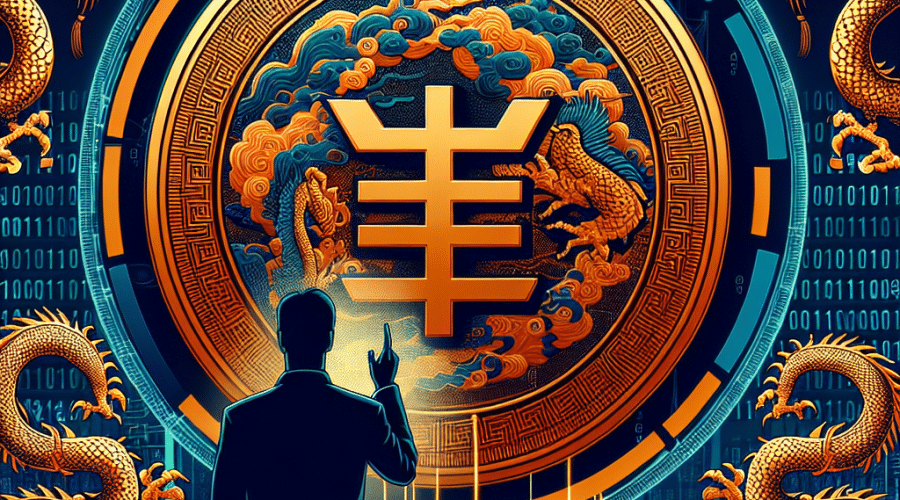 "Golden digital yuan coin with binary codes surrounded by traditional Chinese dragons in brand colours Orange and Dark Blue on a Midnight blue background presenting an amalgamation of traditional Chinese heritage with modern financial technology. Silhouette of Chinese Finance Chief, Pan Gongsheng, making a visionary speech gesture referring to the progress of digital currency. Headline text - 'China’s Central Bank Pledges To Expand Digital Yuan' in bold, contemporary yet oriental font style in brand colour, strategically set atop a transparent 'speech bubble' background."