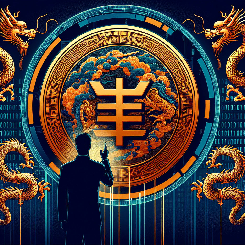 "Golden digital yuan coin with binary codes surrounded by traditional Chinese dragons in brand colours Orange and Dark Blue on a Midnight blue background presenting an amalgamation of traditional Chinese heritage with modern financial technology. Silhouette of Chinese Finance Chief, Pan Gongsheng, making a visionary speech gesture referring to the progress of digital currency. Headline text - 'China’s Central Bank Pledges To Expand Digital Yuan' in bold, contemporary yet oriental font style in brand colour, strategically set atop a transparent 'speech bubble' background."