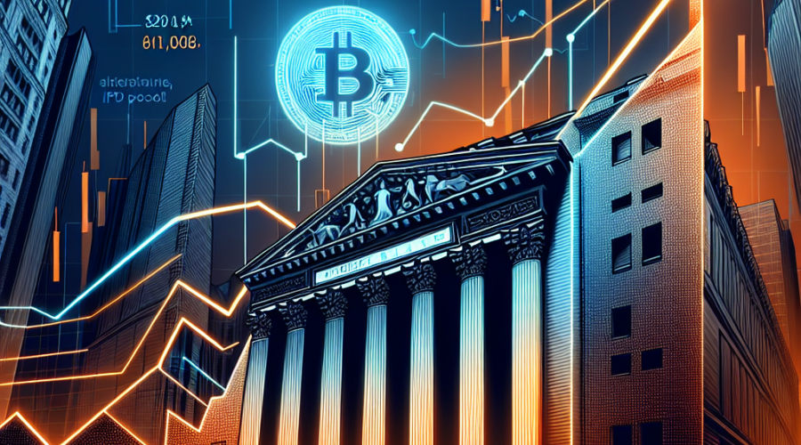 "Dynamic stock market graph showing the significant increase in Circle Internet Group's shares, overlaid with a CAD style image of USDC stablecoin, against a backdrop of the New York Stock Exchange building and Circle logo. The scene is bathed in our brand colors - orange highlights, dark blue primary elements against a midnight blue background with text indicating, 'Circle's Shares Soar Post-IPO: A New Era in the Digital Assets Market'. Perfect image representation for understanding the impact of Circle's IPO in the digital asset market."