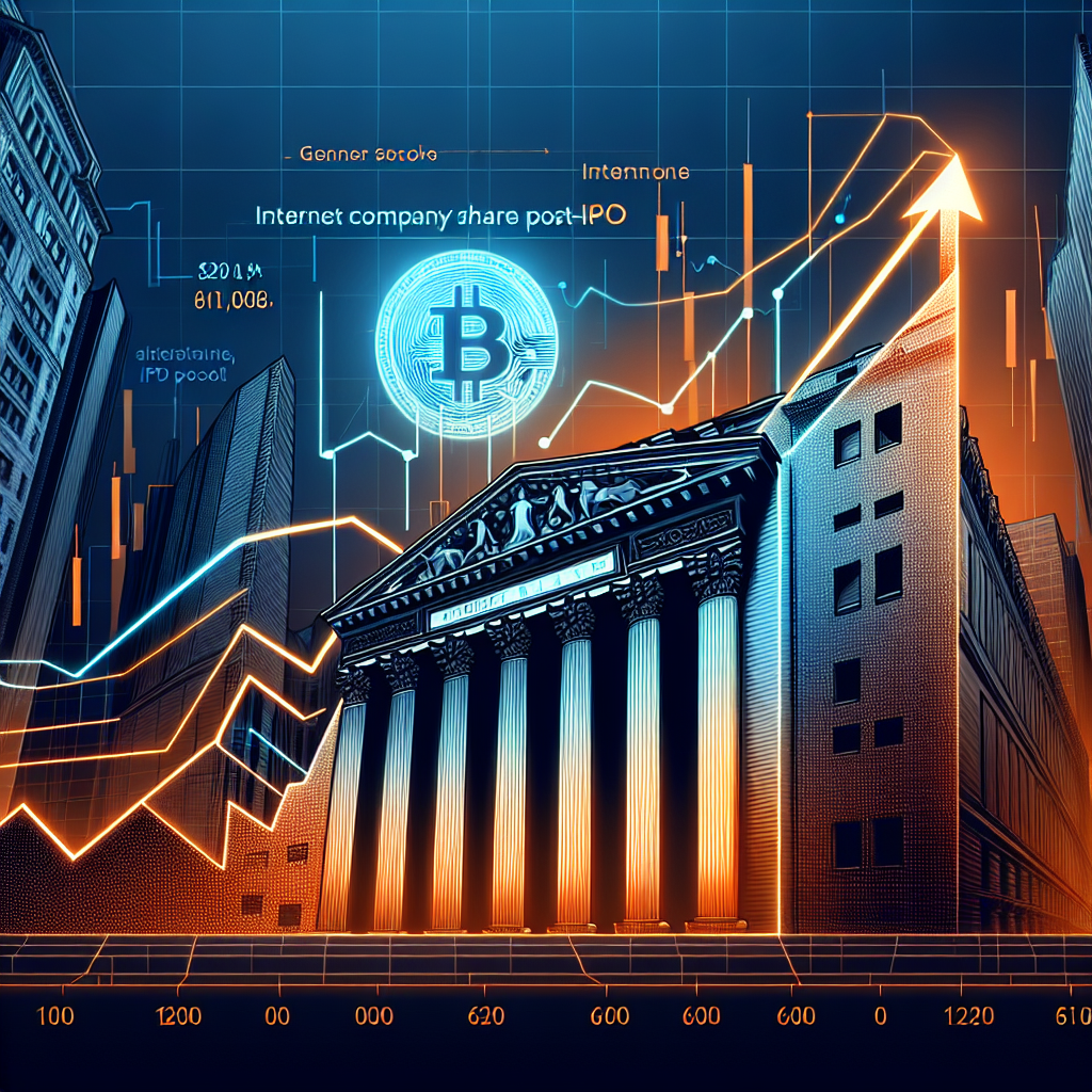 "Dynamic stock market graph showing the significant increase in Circle Internet Group's shares, overlaid with a CAD style image of USDC stablecoin, against a backdrop of the New York Stock Exchange building and Circle logo. The scene is bathed in our brand colors - orange highlights, dark blue primary elements against a midnight blue background with text indicating, 'Circle's Shares Soar Post-IPO: A New Era in the Digital Assets Market'. Perfect image representation for understanding the impact of Circle's IPO in the digital asset market."