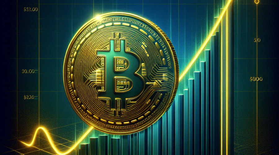 "Green graph rising on dark blue background symbolizing increase in Coinbase's stock from $310 to $510, overlay of shining gold Coinbase logo coin, with bold orange text expressing 'Coinbase's Ascent' and the phrase '2025's crypto rise' subtly in the lower right corner."