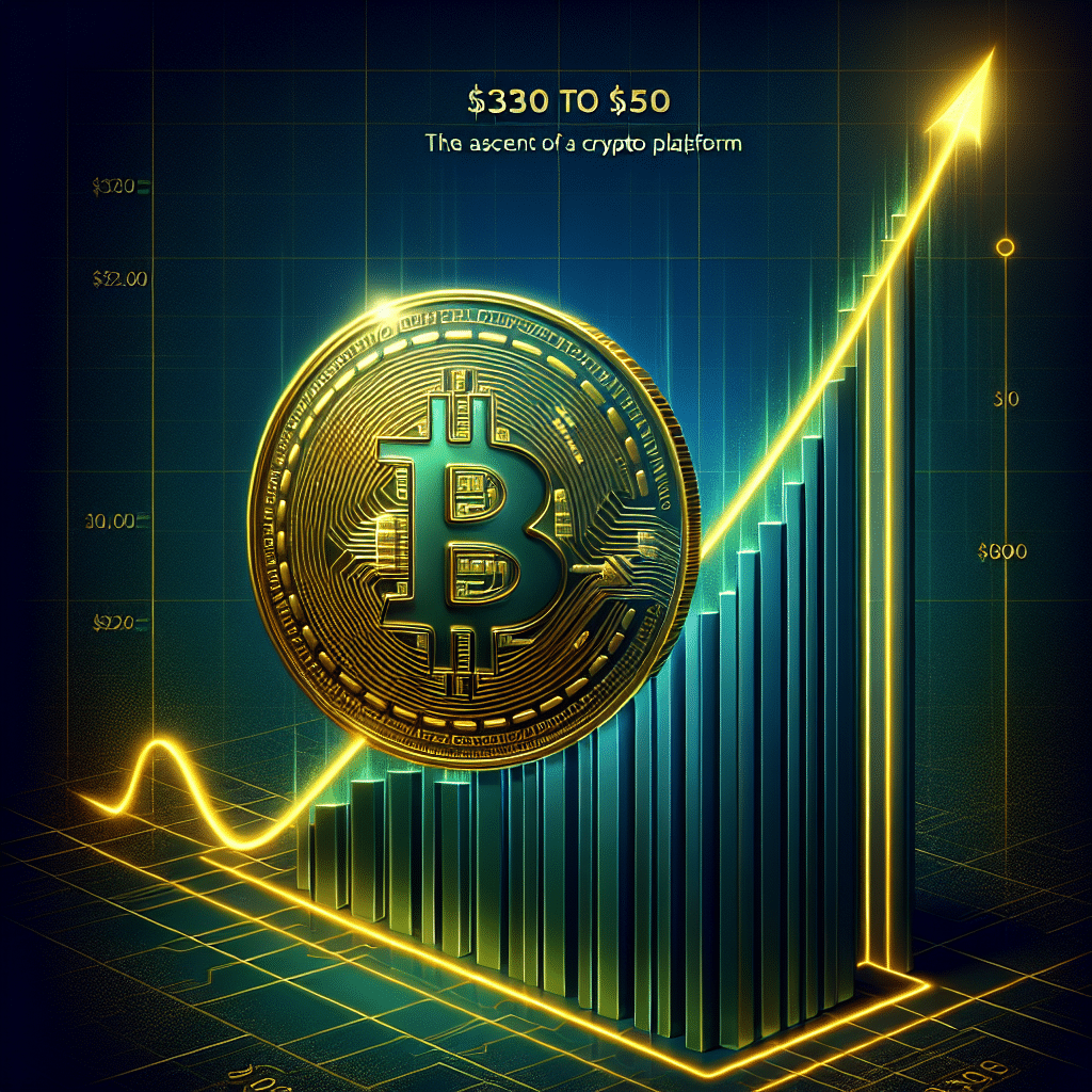 "Green graph rising on dark blue background symbolizing increase in Coinbase's stock from $310 to $510, overlay of shining gold Coinbase logo coin, with bold orange text expressing 'Coinbase's Ascent' and the phrase '2025's crypto rise' subtly in the lower right corner."