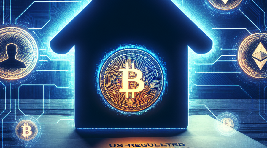 "Digital overlay of Bitcoin and Ethereum crypto coins on a house silhouette against a dark blue background, symbolizing mortgage assets. A paper document titled 'Crypto As Mortgage Asset' in bold orange letters sits atop. Bottom right features a simplified portrait of Federal Housing Finance Administration Director William Pulte, set against the subtle texture of a U.S.-regulated centralized exchange in midnight blue."
