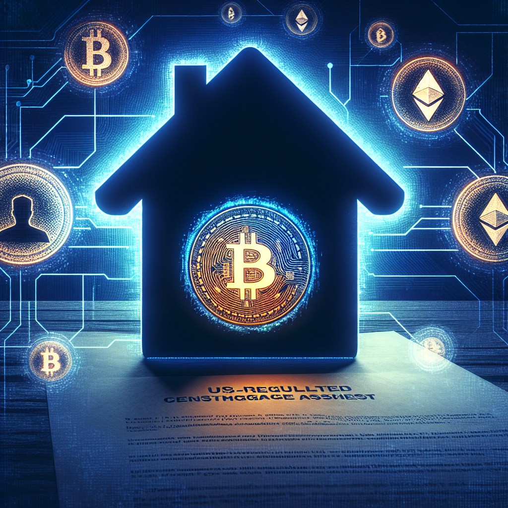 "Digital overlay of Bitcoin and Ethereum crypto coins on a house silhouette against a dark blue background, symbolizing mortgage assets. A paper document titled 'Crypto As Mortgage Asset' in bold orange letters sits atop. Bottom right features a simplified portrait of Federal Housing Finance Administration Director William Pulte, set against the subtle texture of a U.S.-regulated centralized exchange in midnight blue."