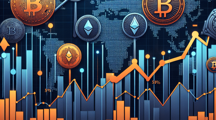 "SEO Alt-Text: An orange, dark blue, and midnight blue gradient infographic featuring symbols of cryptocurrencies like Bitcoin, XRP, SOL, and ETH laid over a digital world map, illustrating their value changes with rising and falling arrows based on numerical data from report; a court gavel hinting at trade tariff disputes involved; an overlay of a fluctuating graph line depicting the volatile nature of the cryptocurrency market; with a caption reading 'Crypto Fall Amid Trade Tariffs Controversy' located in corner; image size is 1200 x 628 px."