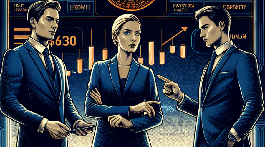 "Three former Coral Capital Holdings members in midnight blue attire with orange accents, confidently studying a digital screen displaying the Binance BNB token logo and its current trading price of $630. Behind them, a large sign for their new venture, Build & Build Corporation, showing a $100 million investment aim, set against a dark blue (#000D43) backdrop."