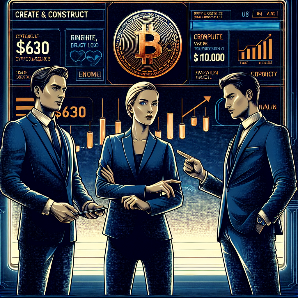 "Three former Coral Capital Holdings members in midnight blue attire with orange accents, confidently studying a digital screen displaying the Binance BNB token logo and its current trading price of $630. Behind them, a large sign for their new venture, Build & Build Corporation, showing a $100 million investment aim, set against a dark blue (#000D43) backdrop."