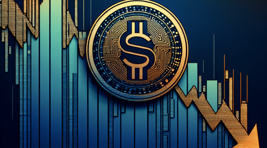Imagen de un gráfico o tablero de bolsa en deterioro con el logotipo de Sonic (la criptomoneda mencionada en el artículo) en el centro, sobre un fondo que incorpora nuestros colores de marca; Naranja, Azul Oscuro y Azul Medianoche. El gráfico debería representar sutilmente un mercado bajista, ilustrando la caída del precio de Sonic. Agrega el texto 'Criptomoneda Sonic en Bajada' en letras prominentes y en negrita.