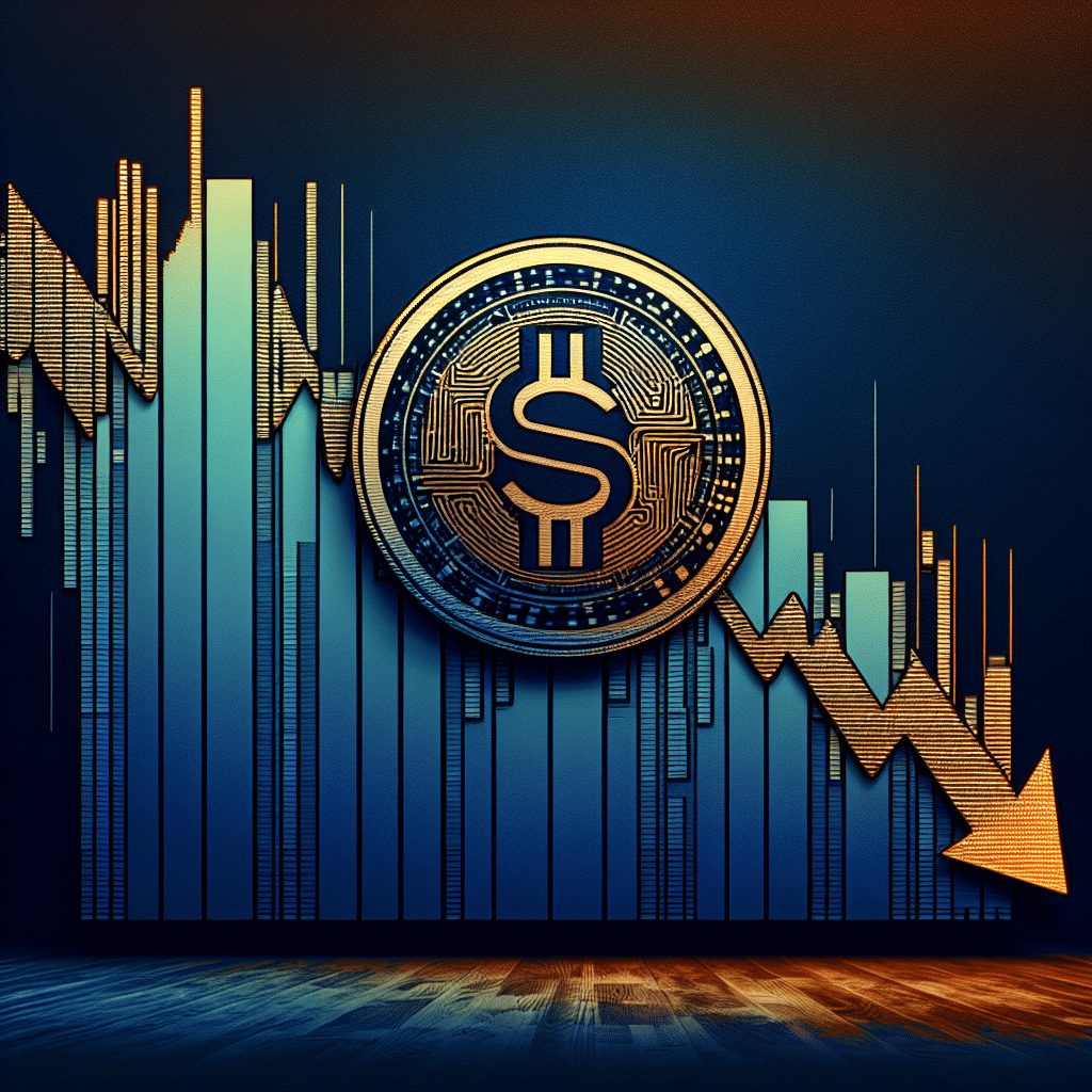 Imagen de un gráfico o tablero de bolsa en deterioro con el logotipo de Sonic (la criptomoneda mencionada en el artículo) en el centro, sobre un fondo que incorpora nuestros colores de marca; Naranja, Azul Oscuro y Azul Medianoche. El gráfico debería representar sutilmente un mercado bajista, ilustrando la caída del precio de Sonic. Agrega el texto 'Criptomoneda Sonic en Bajada' en letras prominentes y en negrita.