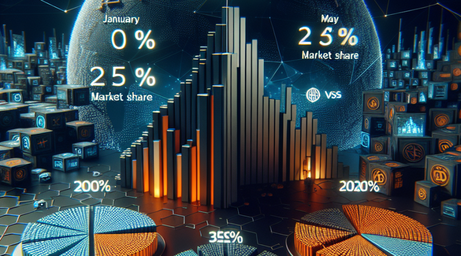 "SEO alt-text: Trio of pie-charts showcasing the evolving market share of decentralized exchanges (DEXs) versus centralized exchanges (CEXs), showing 20% in January, 25% in May, and a predicted majority by 2030. Foreground features an innovative, futuristic blockchain symbol for DEXs. Image colored in a palette of orange, dark blue, and midnight blue."