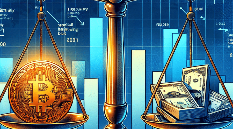 "Tema de tesorerías corporativas de Bitcoin que muestra una balanza equilibrada con Bitcoin en un lado y billetes de tesorería tradicionales en el otro, en el trasfondo de un debate dividido de analistas: un lado reflejando ingeniería financiera progresista y el otro señalando riesgo potencial. La balanza se establece en un fondo de mercado de capitales global. Incorpora nuestros colores de marca, Naranja: #FF9811 para el Bitcoin, y varios tonos de Azul Oscuro: #000D43 y Azul Medianoche: #021B88 para el fondo y otros elementos. Dimensiones: 1200 x 628 píxeles."