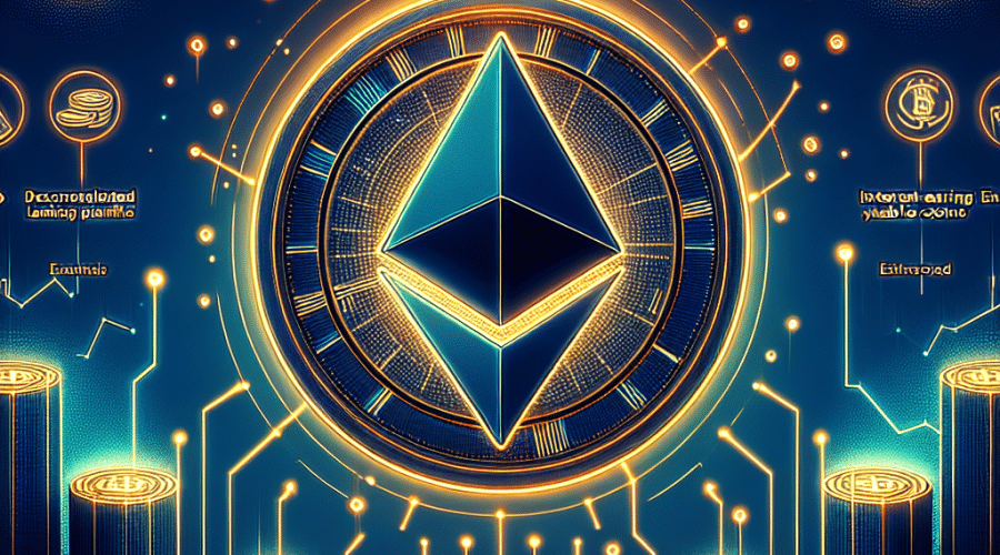 "SEO Alt text: Ethereum logo with downward graph showcasing declining staking yields contrasted with rising trend lines of DeFi lending protocols and yield-bearing stablecoin symbols, on a gradient background transitioning from dark blue to midnight blue. All icons outlined in brand orange for emphasis."