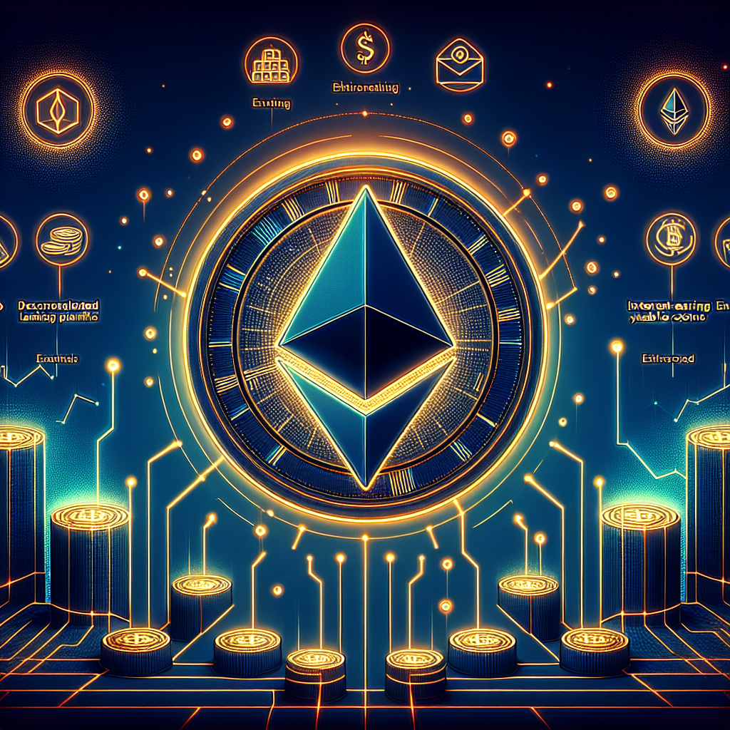 "SEO Alt text: Ethereum logo with downward graph showcasing declining staking yields contrasted with rising trend lines of DeFi lending protocols and yield-bearing stablecoin symbols, on a gradient background transitioning from dark blue to midnight blue. All icons outlined in brand orange for emphasis."